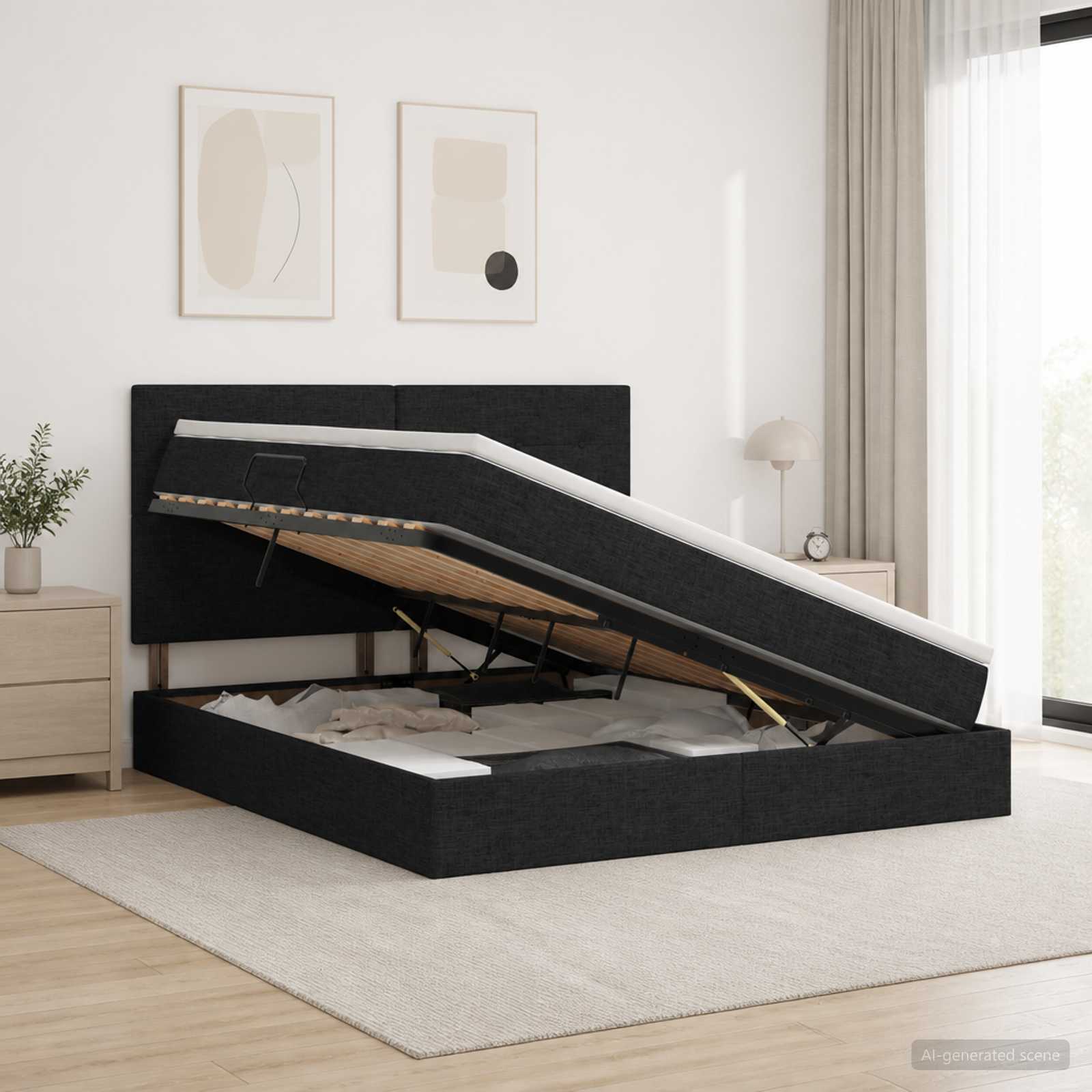 Aufbewahrungsbett mit Matratze Schwarz 140 x 190 cm Stoff