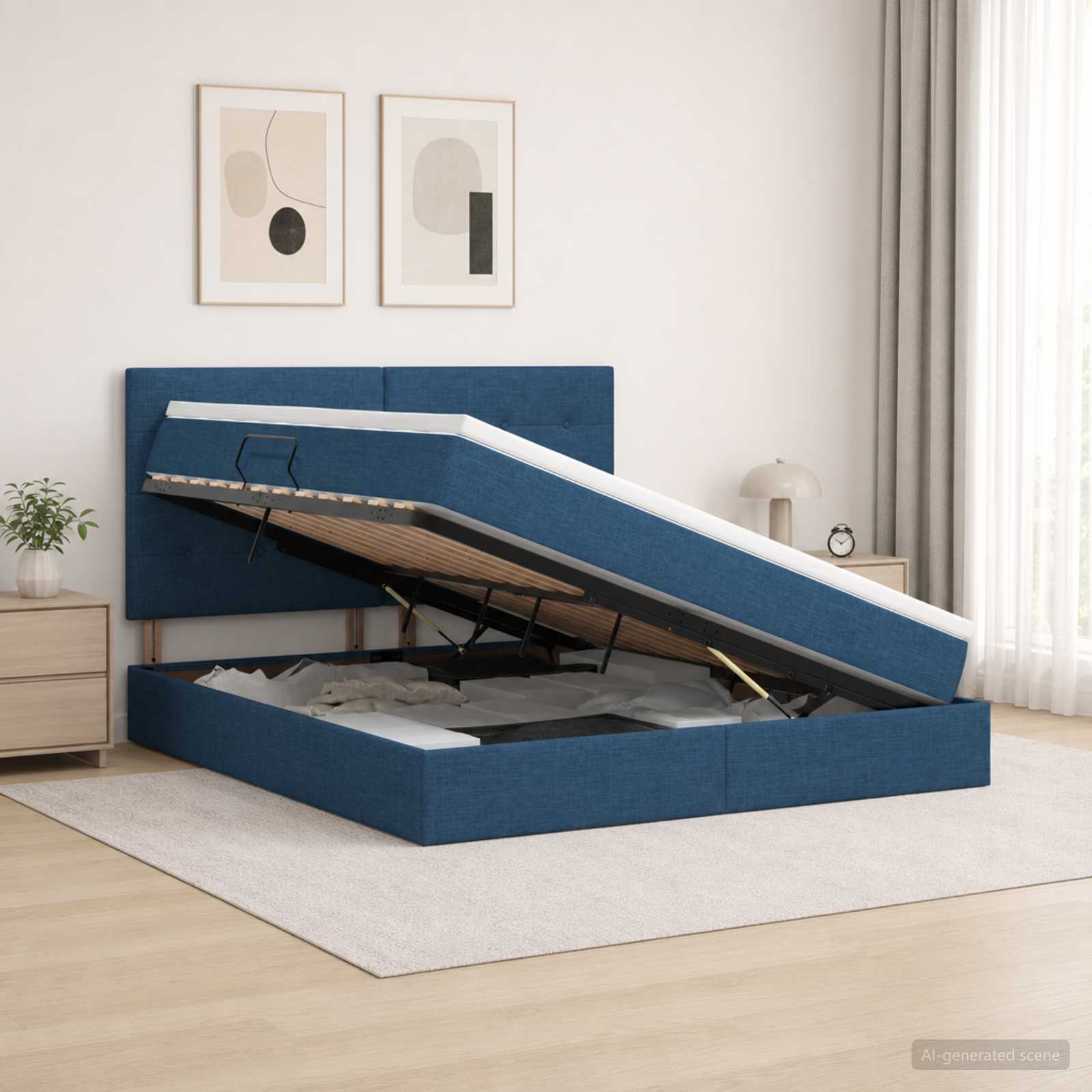Aufbewahrungsbett mit Matratze Blau 140 x 200 cm Stoff