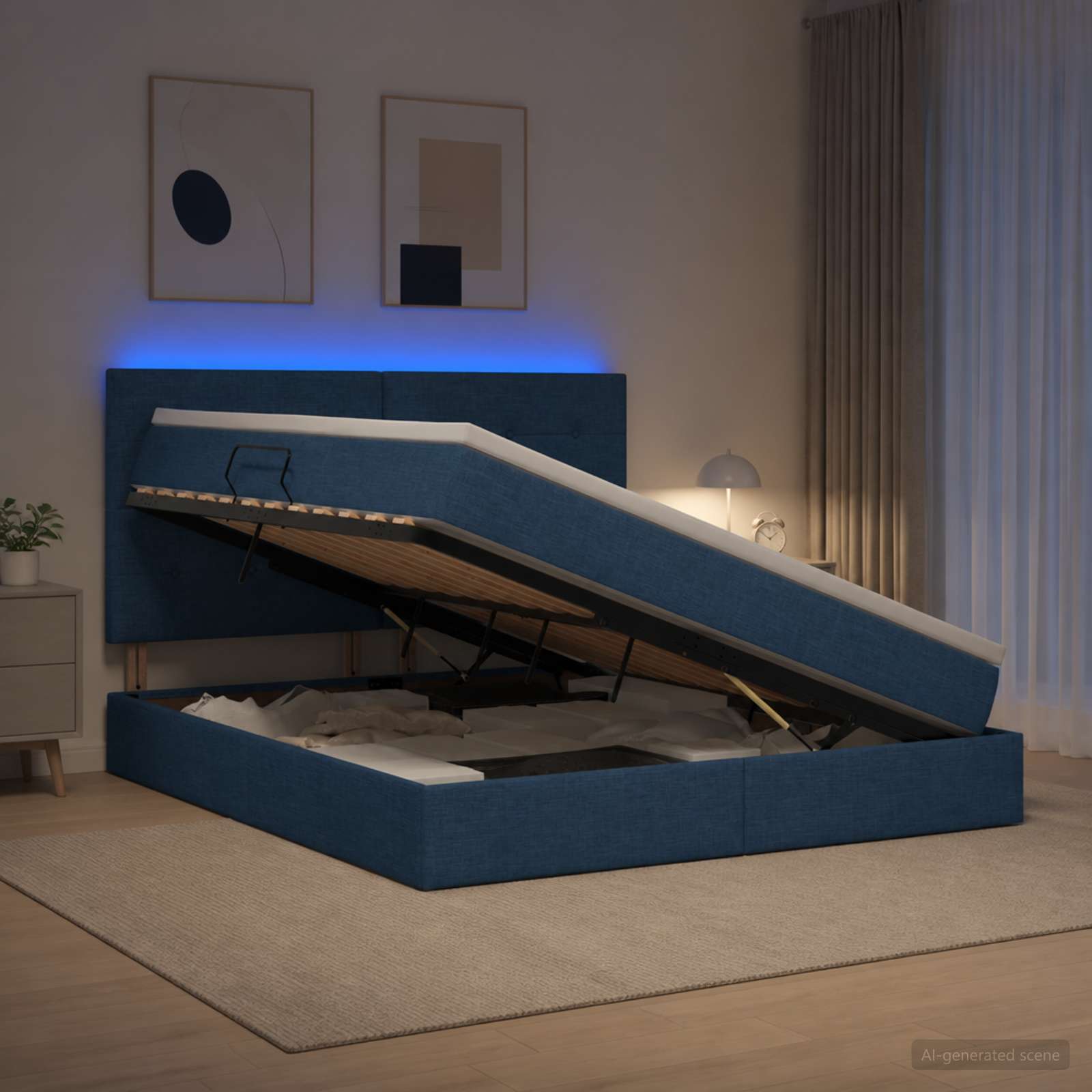 LED-Speicherbett mit Matratze Blau 140 x 200 cm Stoff