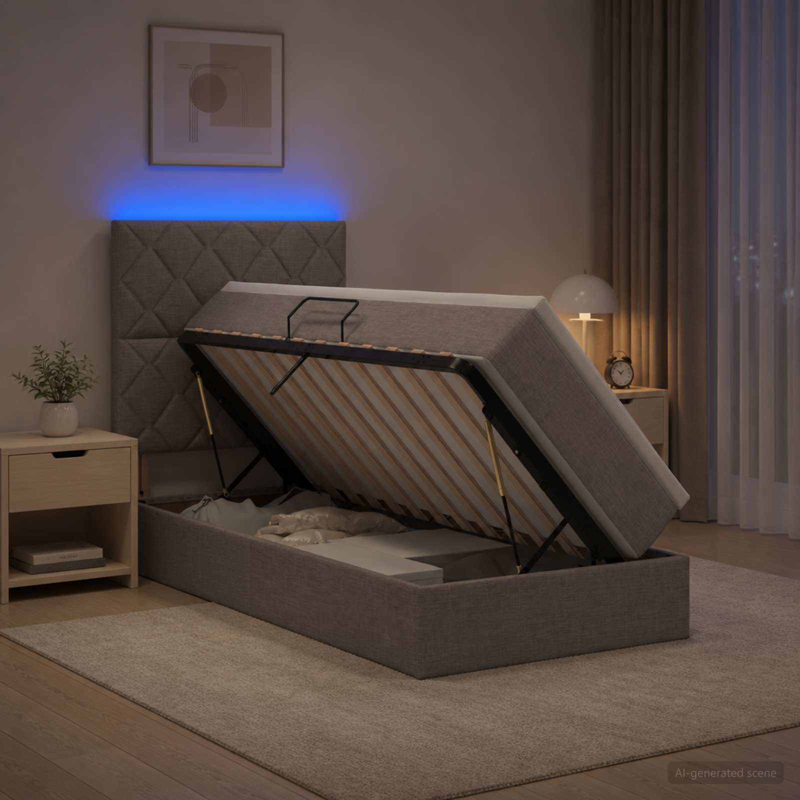 LED-Speicherbett mit Matratze Taupe 100 x 200 cm Stoff