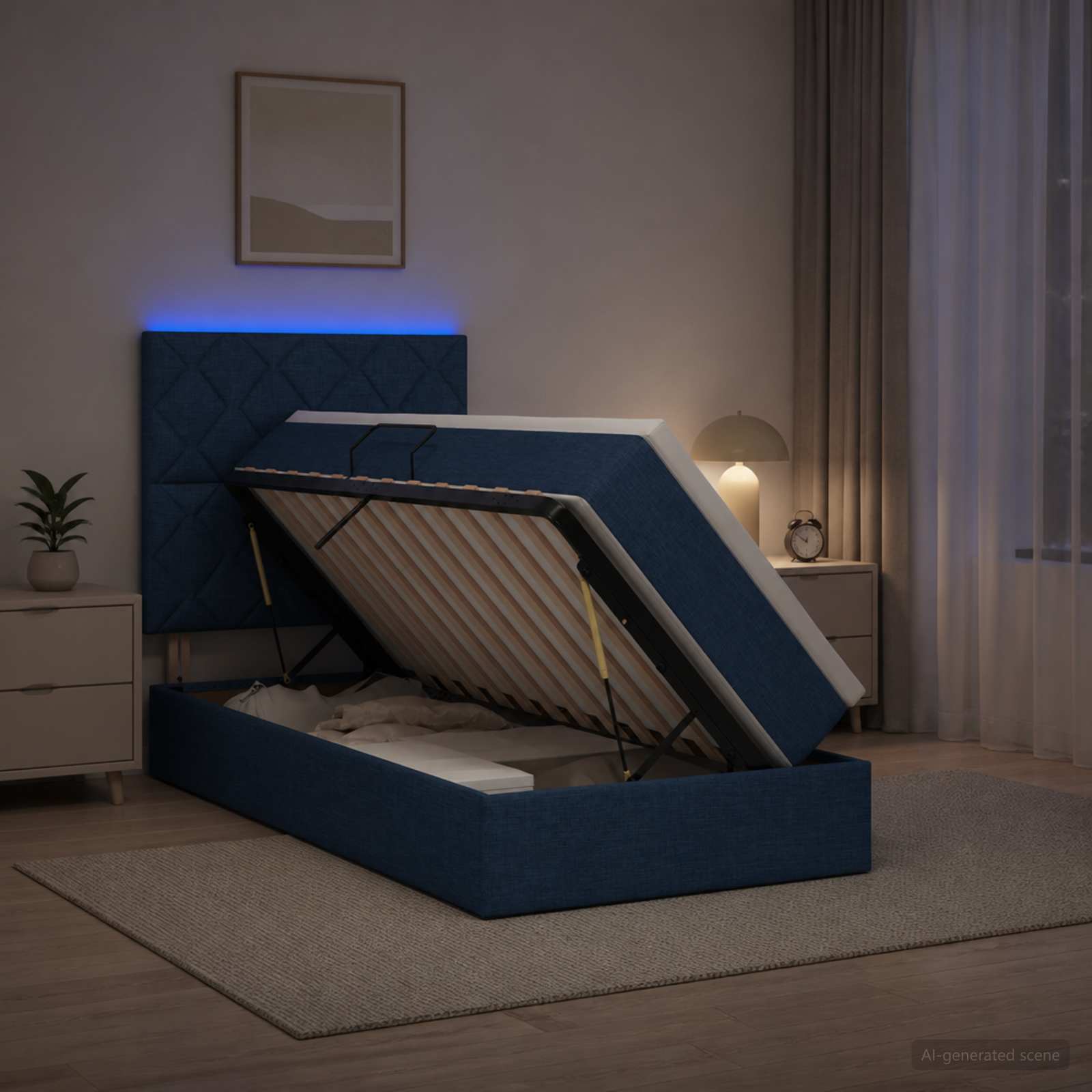 LED-Speicherbett mit Matratze Blau 90 x 200 cm Stoff