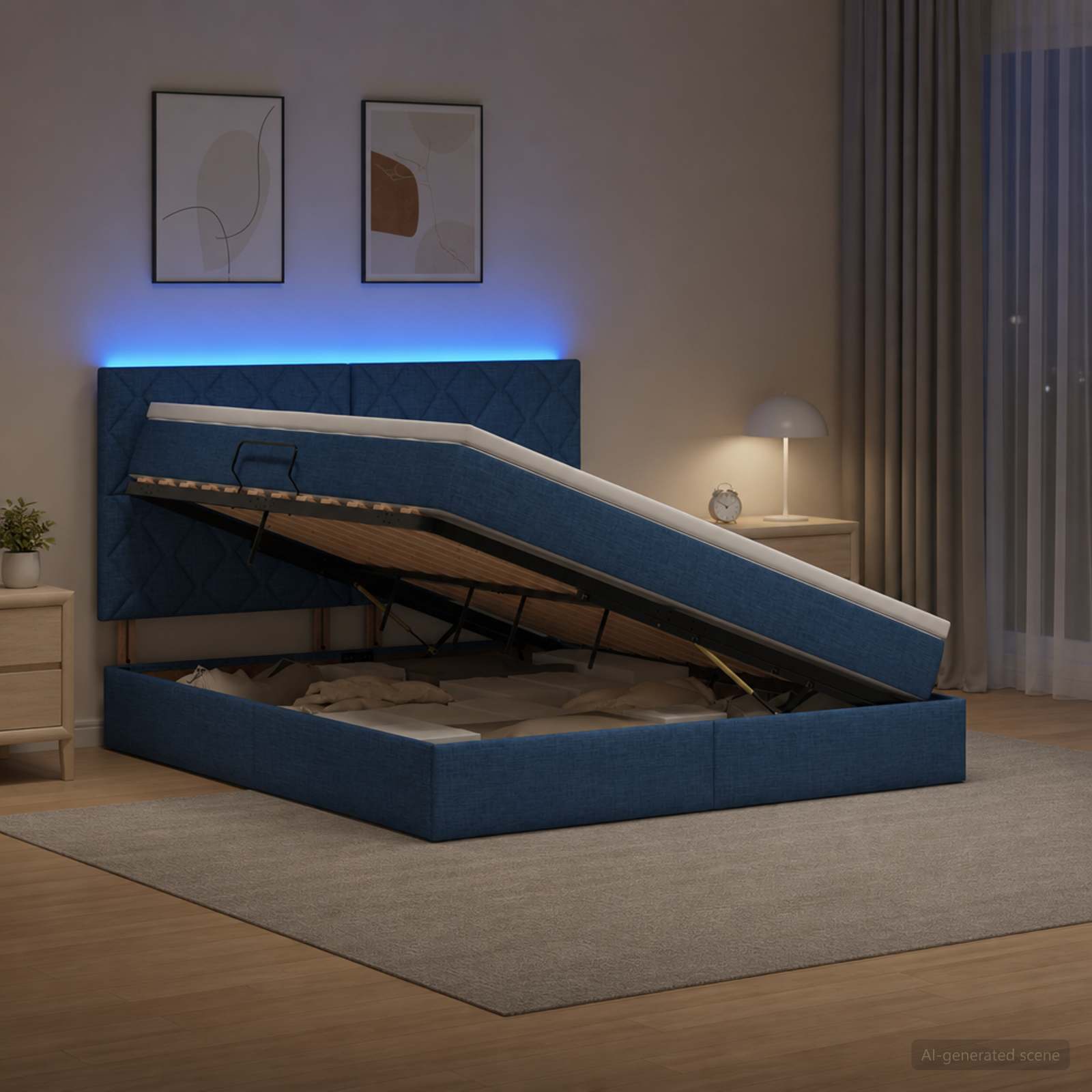 LED-Speicherbett mit Matratze Blau 140 x 200 cm Stoff
