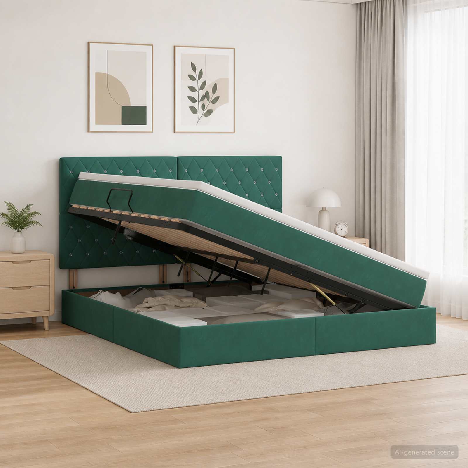LED-Speicherbett mit Matratze Dunkelgrün 140 x 200 cm Samt