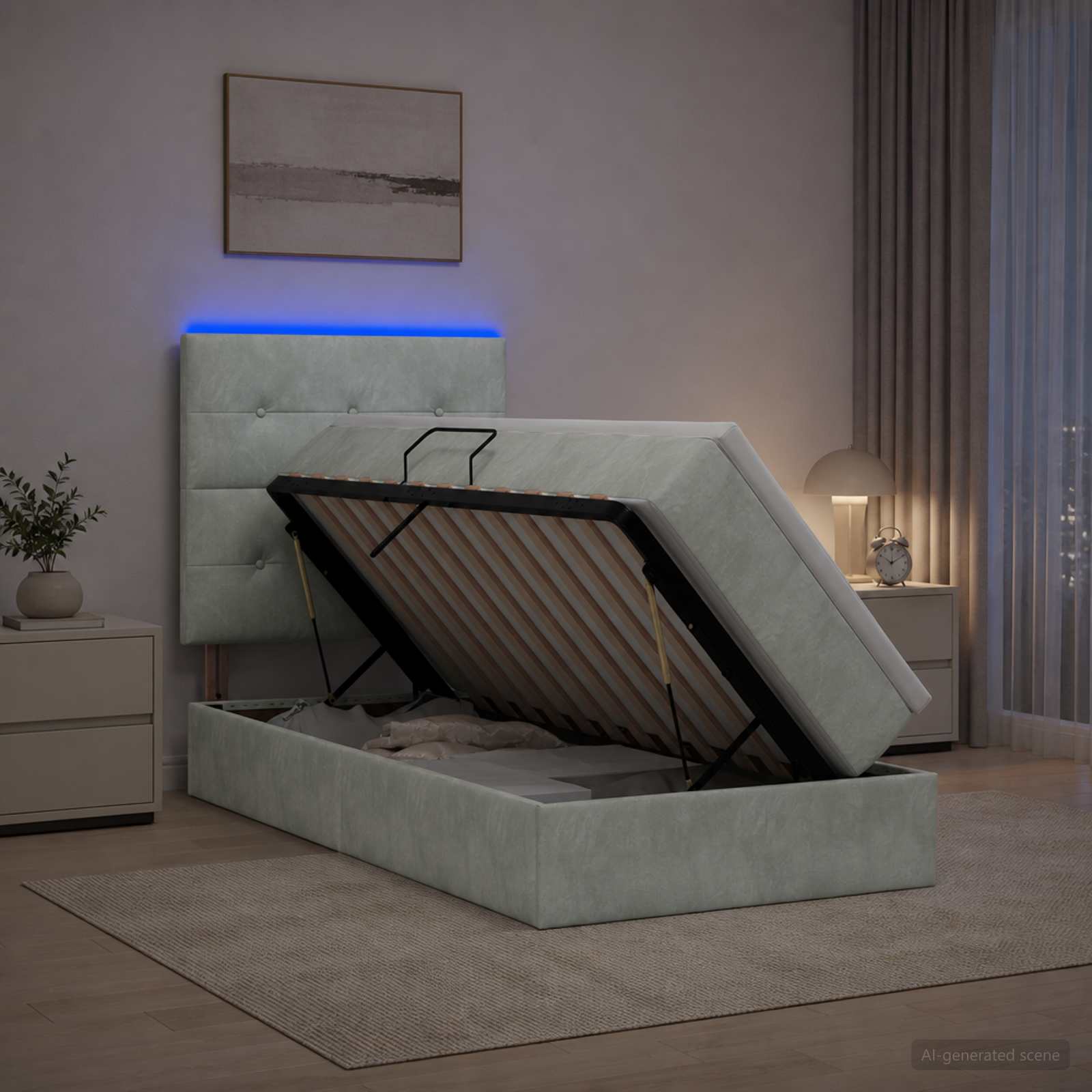 LED-Speicherbett mit Matratze Hellgrau 100 x 200 cm Samt