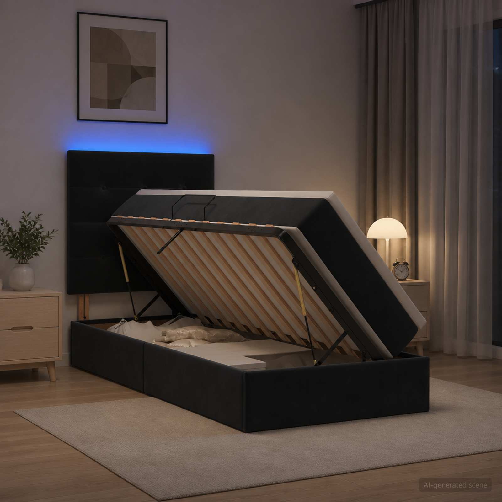 LED-Speicherbett mit Matratze Schwarz 100 x 200 cm Samt