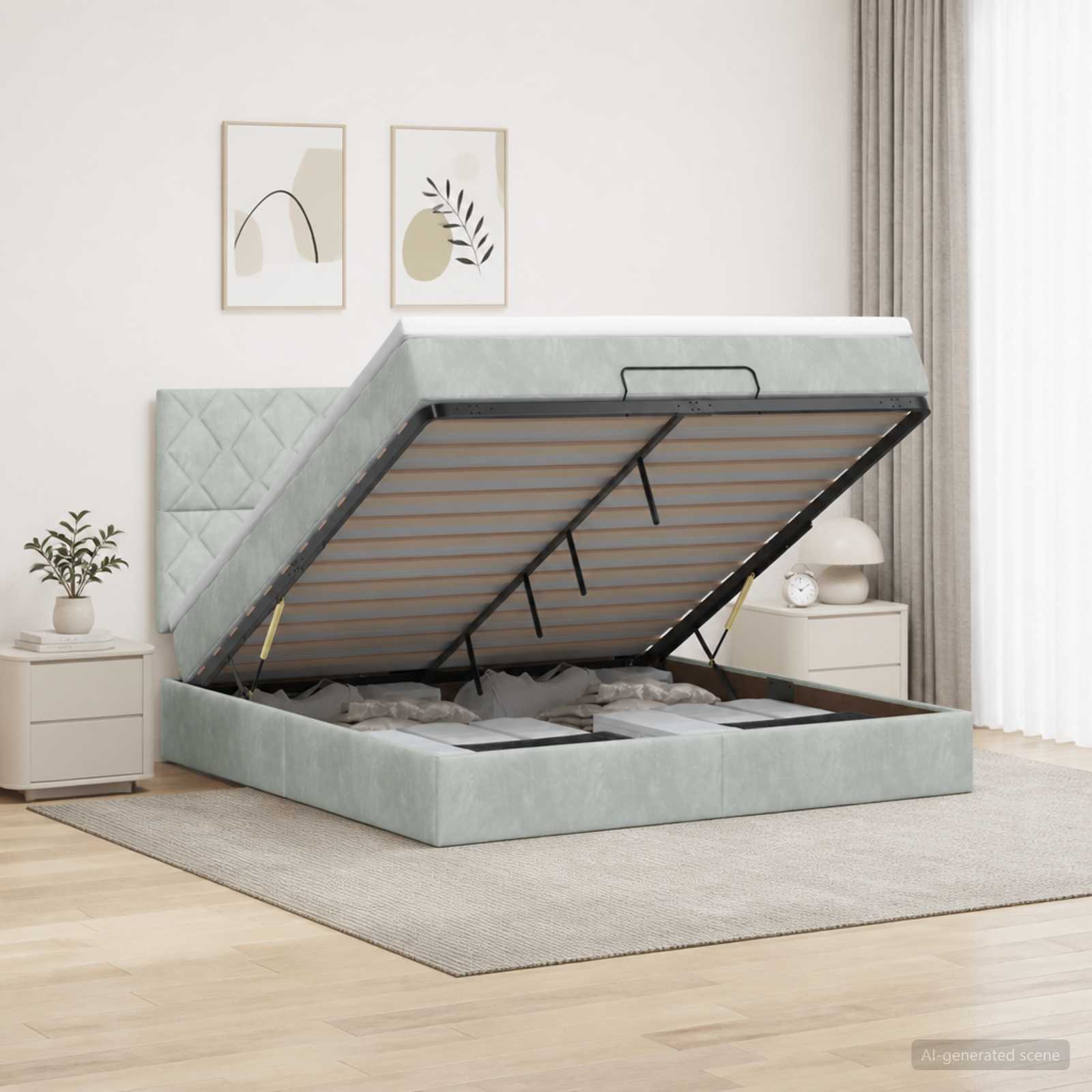 Ottoman Bett mit Matratze Hellgrau 140 x 190 cm Samt