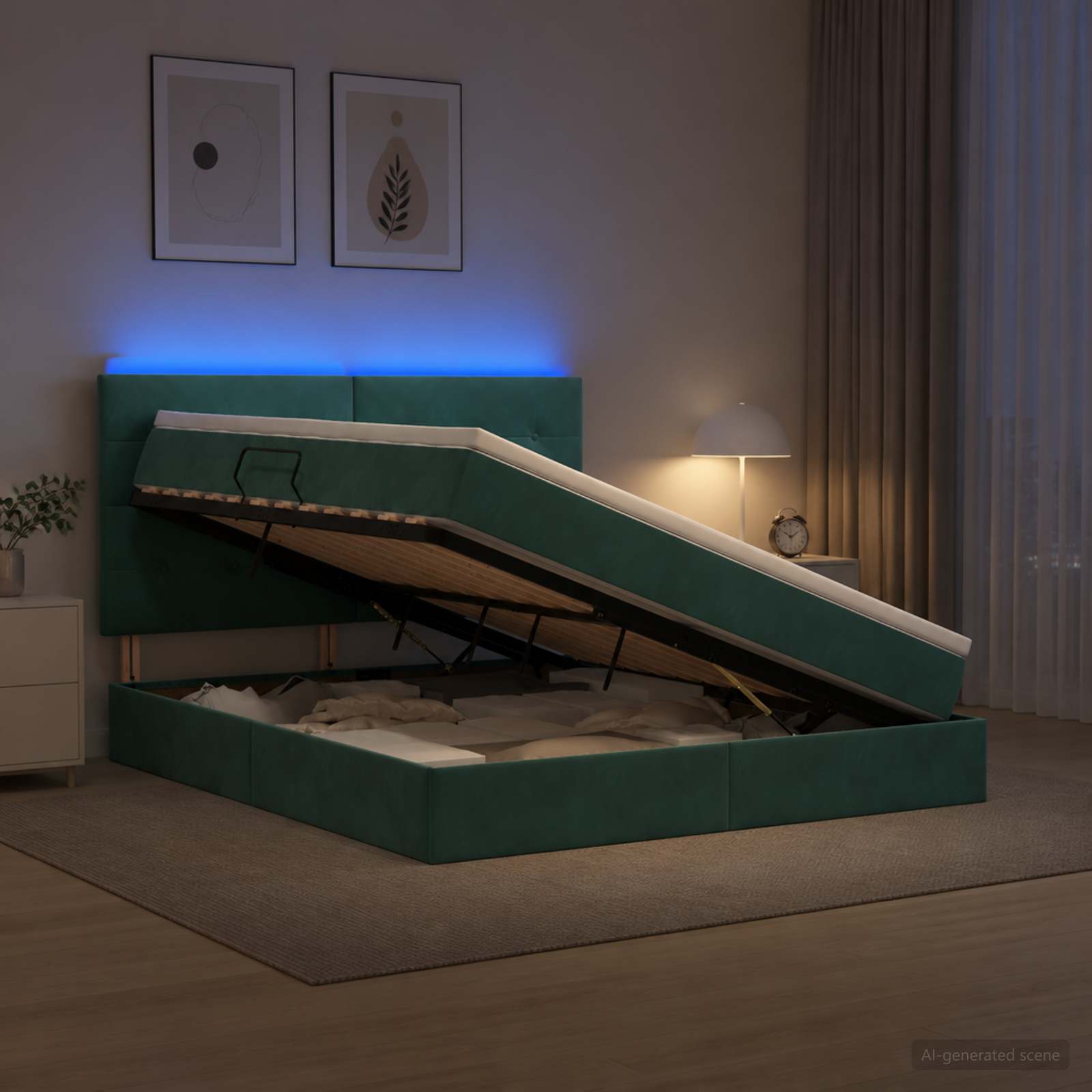 LED-Speicherbett mit Matratze Dunkelgrün 140 x 200 cm Samt