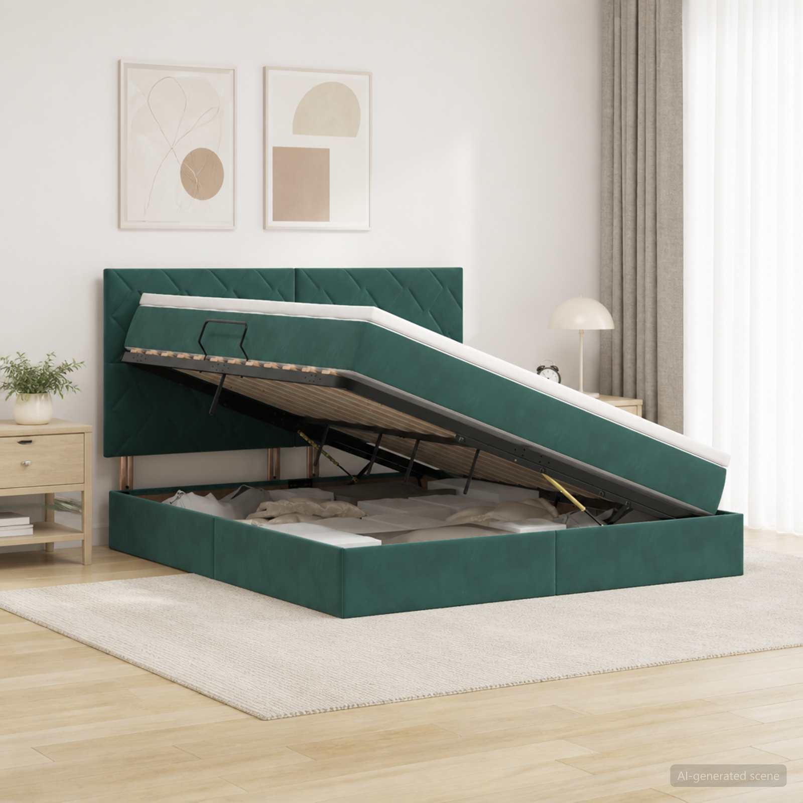 LED-Speicherbett mit Matratze Dunkelgrün 140 x 200 cm Samt